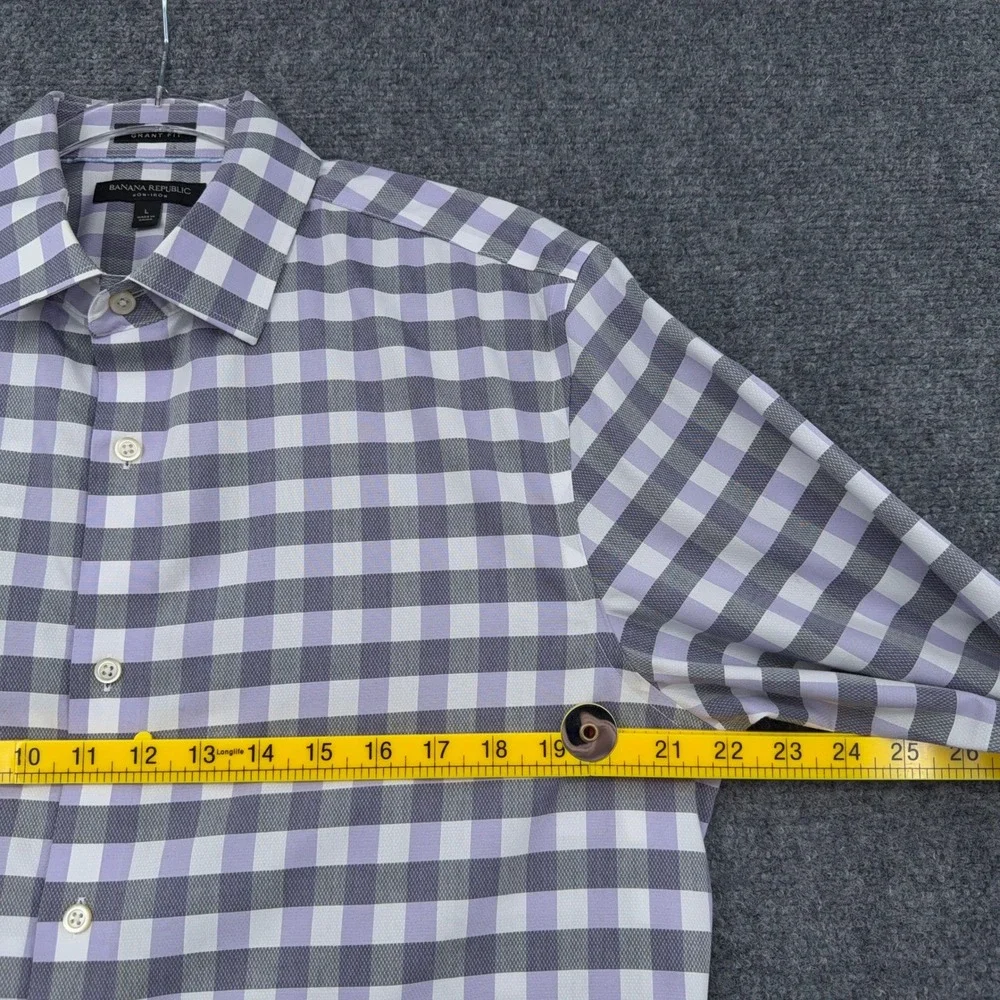 Banana Republic Mens‎ Grant Fit Gingham Non-Iron Cotton Shirt Purple Grey Large